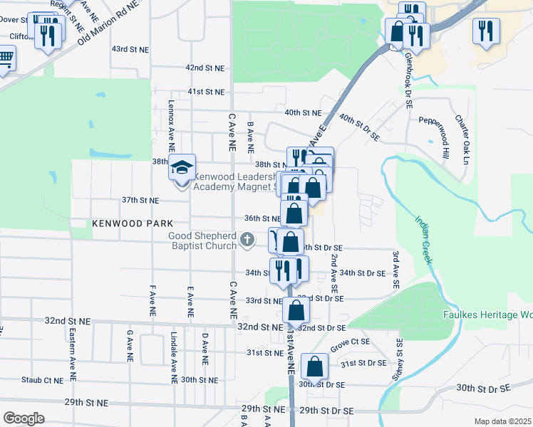 map of restaurants, bars, coffee shops, grocery stores, and more near 136 36th Street Northeast in Cedar Rapids