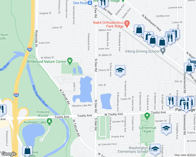 map of restaurants, bars, coffee shops, grocery stores, and more near 321 North Dee Road in Park Ridge