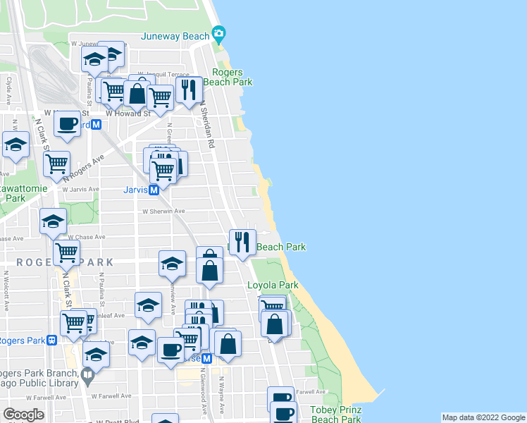 map of restaurants, bars, coffee shops, grocery stores, and more near 1215 West Sherwin Avenue in Chicago