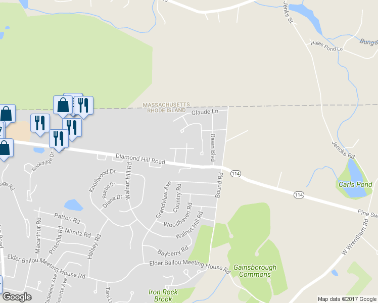 map of restaurants, bars, coffee shops, grocery stores, and more near 53 Crest Road in Woonsocket
