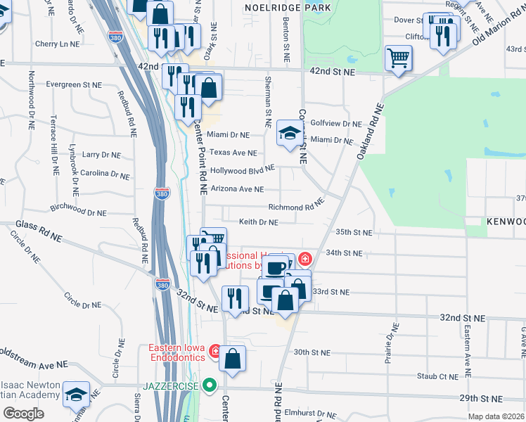 map of restaurants, bars, coffee shops, grocery stores, and more near 1619 Richmond Road Northeast in Cedar Rapids