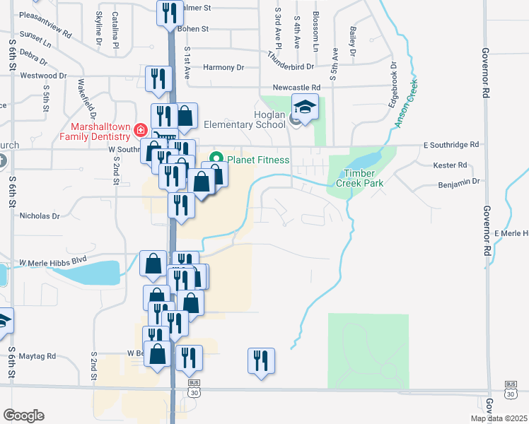 map of restaurants, bars, coffee shops, grocery stores, and more near 2603 South 2nd Avenue in Marshalltown