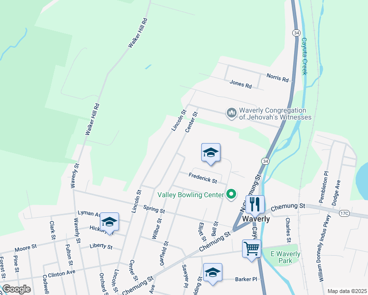 map of restaurants, bars, coffee shops, grocery stores, and more near 196 Center Street in Waverly