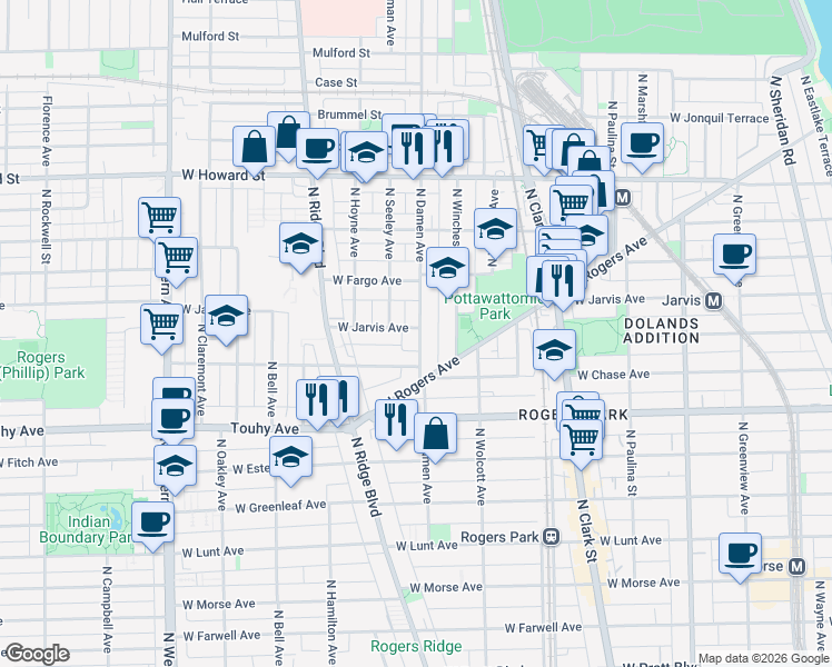map of restaurants, bars, coffee shops, grocery stores, and more near 2007 West Jarvis Avenue in Chicago