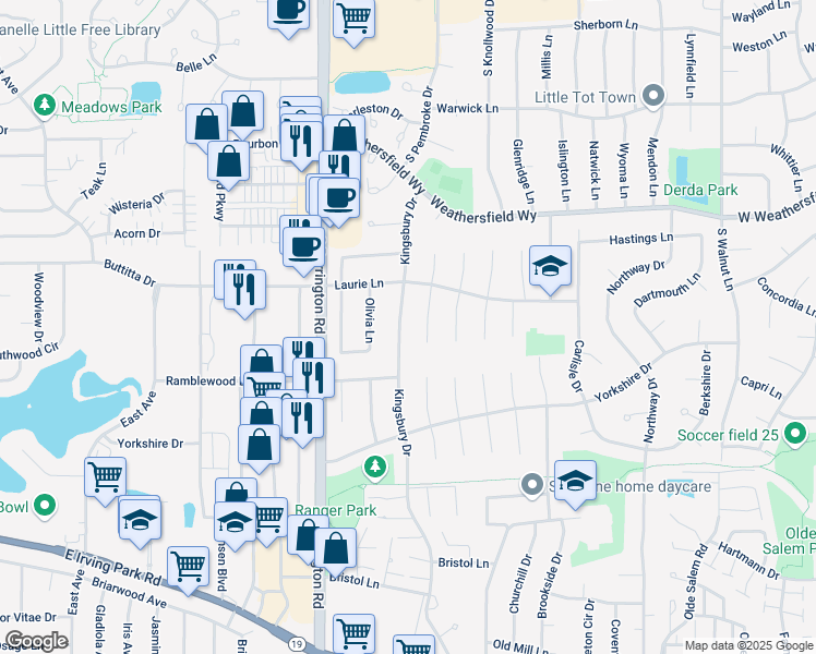 map of restaurants, bars, coffee shops, grocery stores, and more near 8061 Kingsbury Drive in Hanover Park