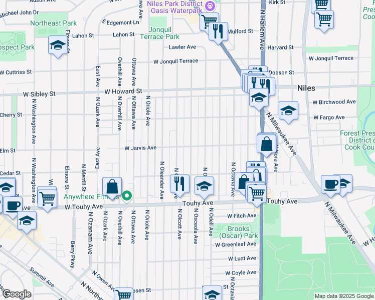map of restaurants, bars, coffee shops, grocery stores, and more near 7354 North Osceola Avenue in Chicago