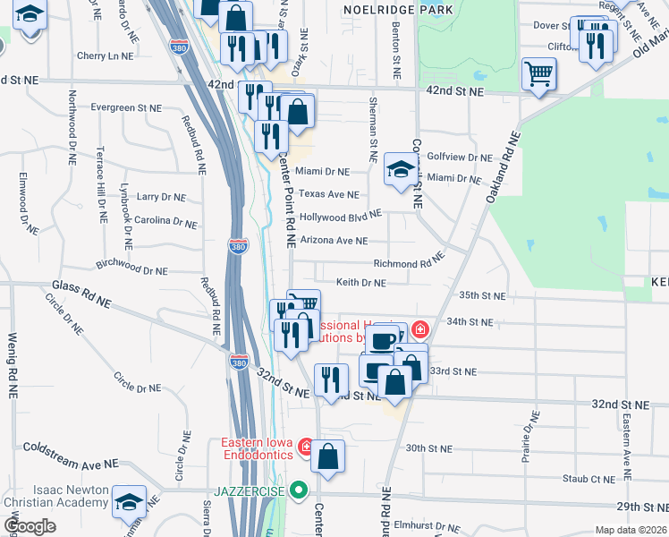 map of restaurants, bars, coffee shops, grocery stores, and more near 1701 Richmond Road Northeast in Cedar Rapids