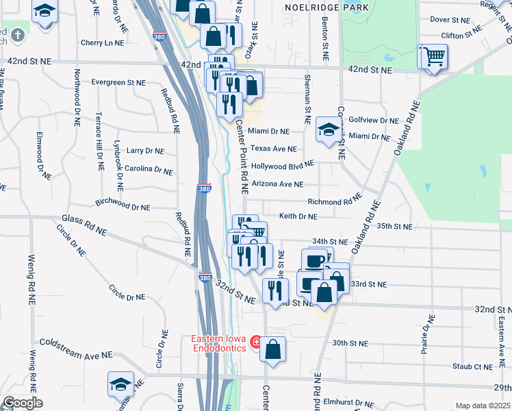 map of restaurants, bars, coffee shops, grocery stores, and more near 1741 Richmond Road Northeast in Cedar Rapids