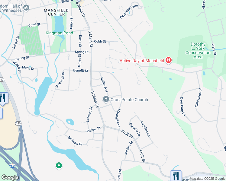 map of restaurants, bars, coffee shops, grocery stores, and more near 11 Denwood Street in Mansfield