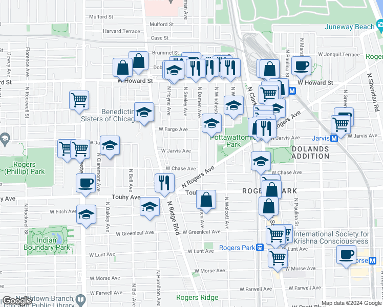 map of restaurants, bars, coffee shops, grocery stores, and more near 2015 West Jarvis Avenue in Chicago