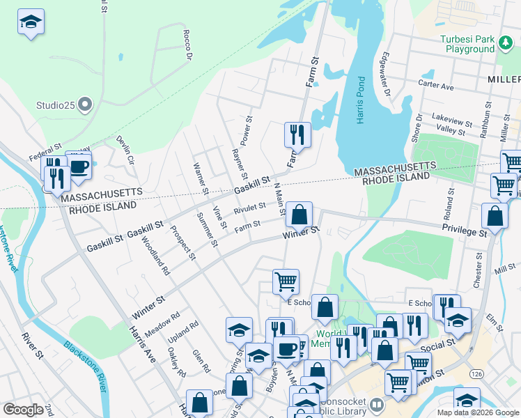 map of restaurants, bars, coffee shops, grocery stores, and more near 67 Rivulet Street in Woonsocket