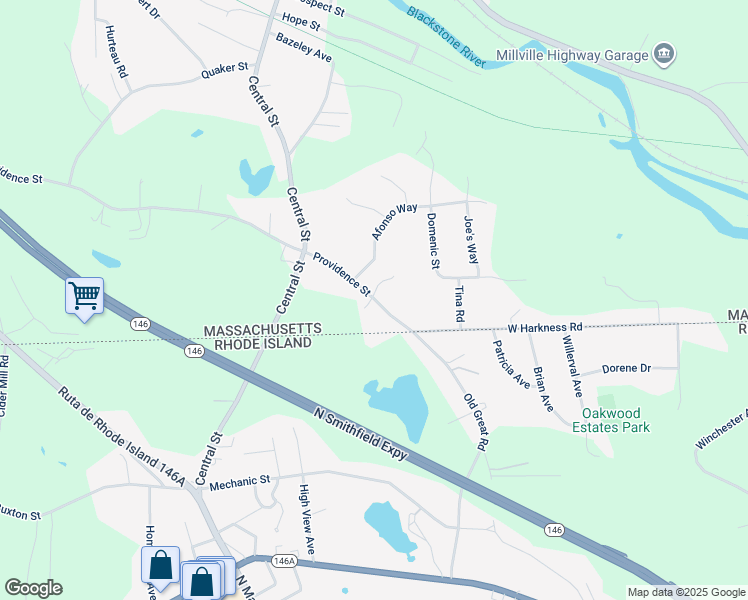 map of restaurants, bars, coffee shops, grocery stores, and more near 19d Providence Street in Millville