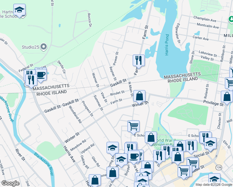 map of restaurants, bars, coffee shops, grocery stores, and more near 91 Rivulet Street in Woonsocket