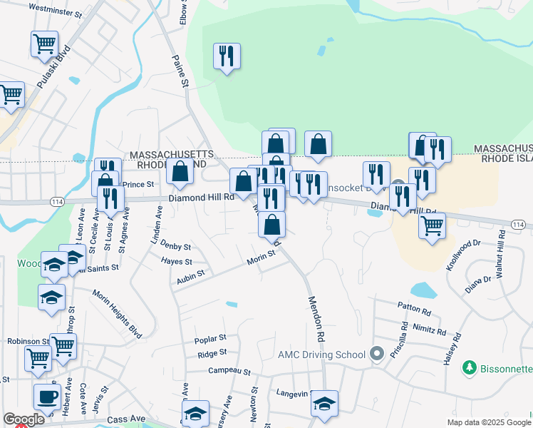 map of restaurants, bars, coffee shops, grocery stores, and more near 242R Mendon Road in Woonsocket