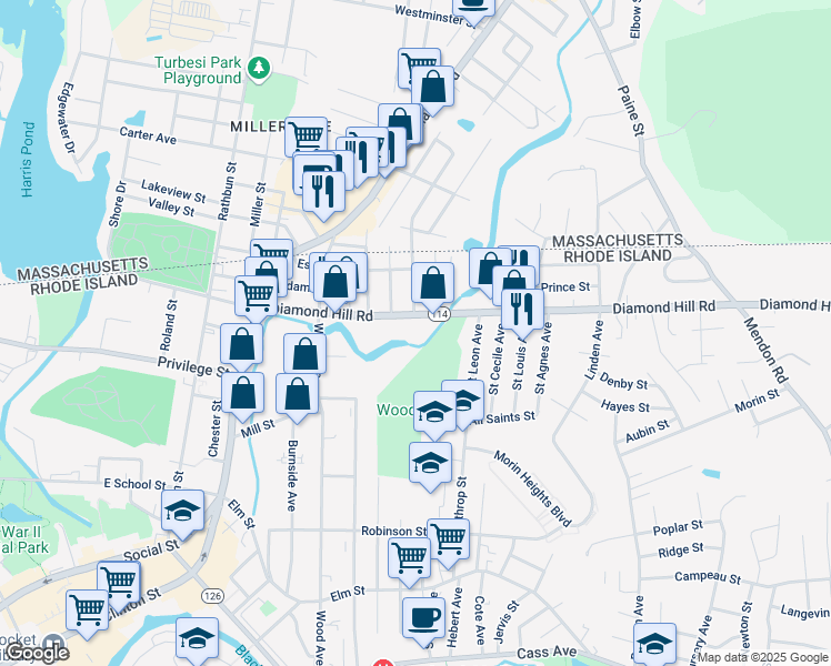 map of restaurants, bars, coffee shops, grocery stores, and more near 651 Diamond Hill Road in Woonsocket