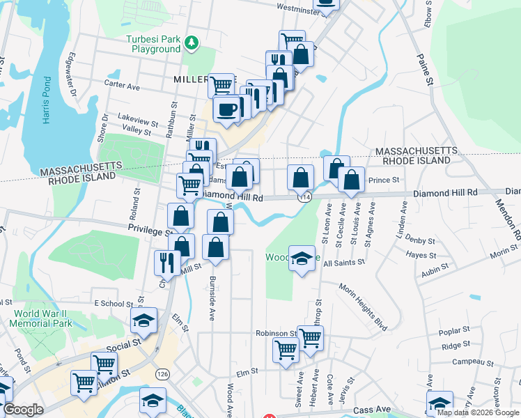 map of restaurants, bars, coffee shops, grocery stores, and more near 555 Diamond Hill Road in Woonsocket