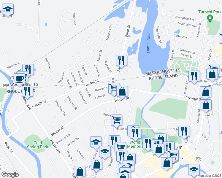 map of restaurants, bars, coffee shops, grocery stores, and more near 714 North Main Street in Woonsocket