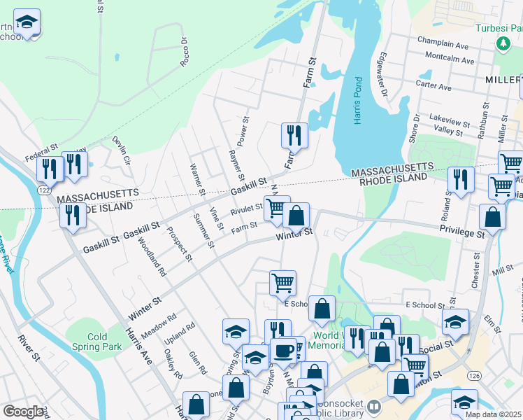 map of restaurants, bars, coffee shops, grocery stores, and more near 67 Rivulet Street in Woonsocket