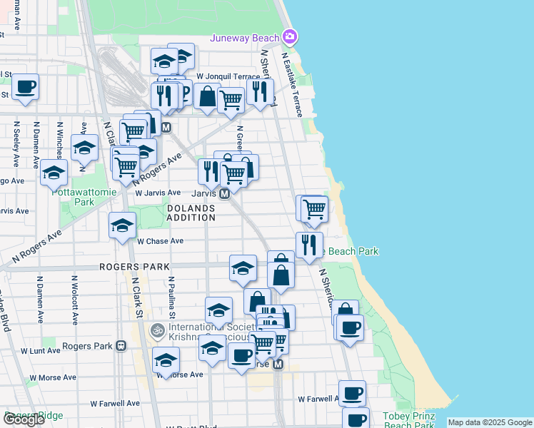 map of restaurants, bars, coffee shops, grocery stores, and more near 1329 West Sherwin Avenue in Chicago