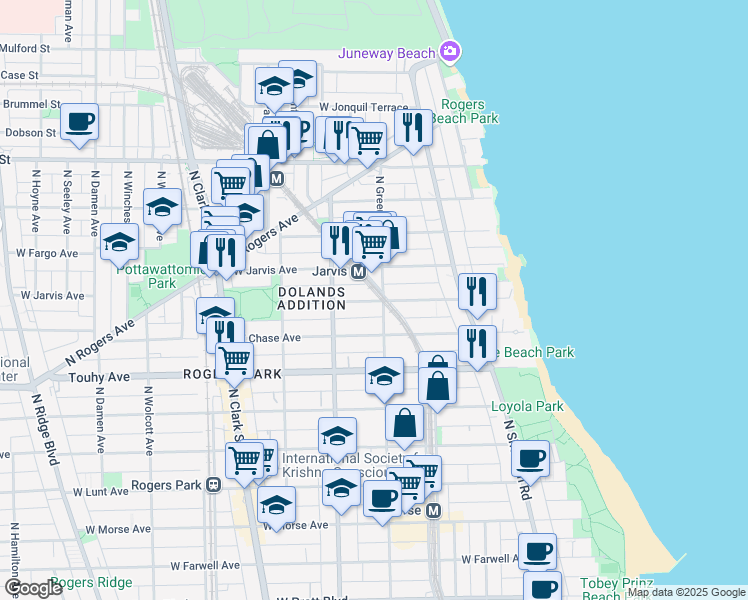 map of restaurants, bars, coffee shops, grocery stores, and more near 1516 West Sherwin Avenue in Chicago