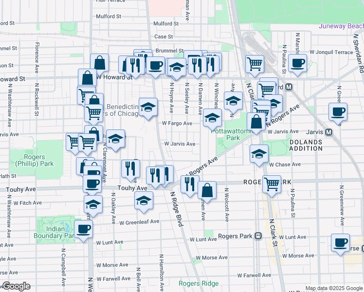 map of restaurants, bars, coffee shops, grocery stores, and more near 2055 West Jarvis Avenue in Chicago