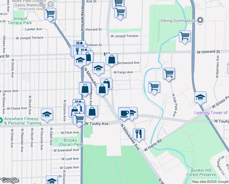 map of restaurants, bars, coffee shops, grocery stores, and more near 7355 North Waukegan Road in Niles