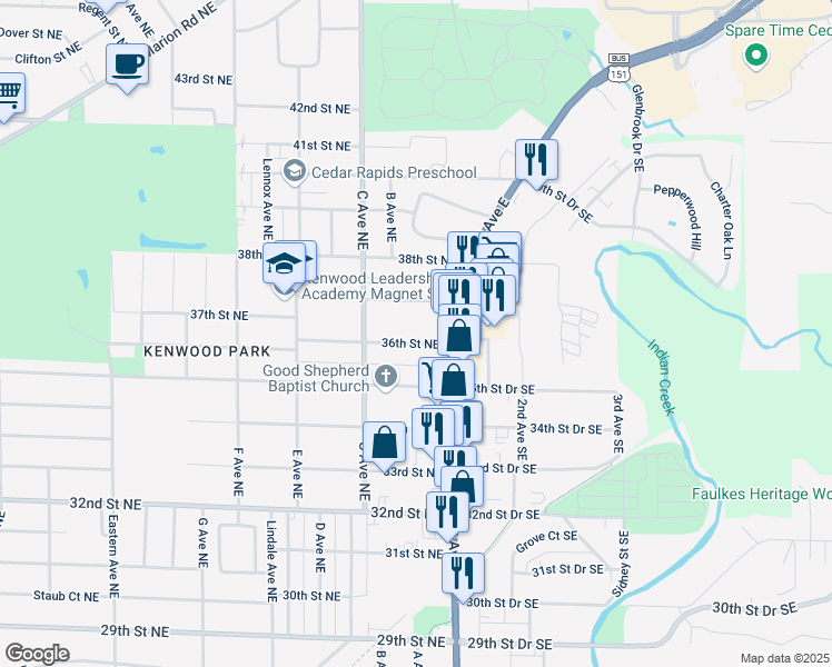 map of restaurants, bars, coffee shops, grocery stores, and more near 136 36th Street Northeast in Cedar Rapids