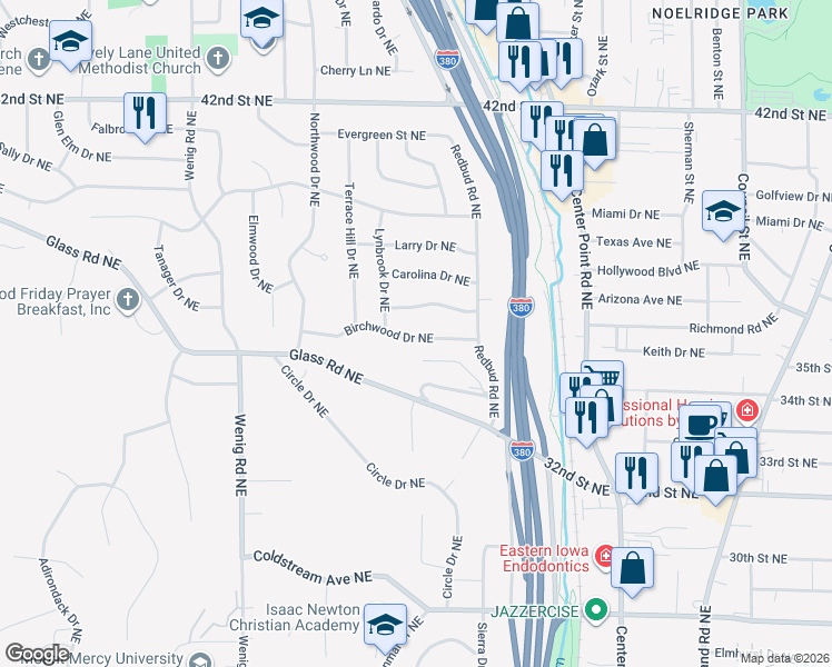 map of restaurants, bars, coffee shops, grocery stores, and more near 2118 Birchwood Drive Northeast in Cedar Rapids