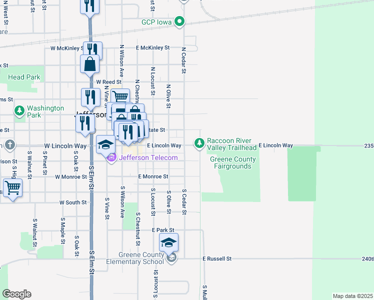 map of restaurants, bars, coffee shops, grocery stores, and more near 407 East Lincoln Way in Jefferson