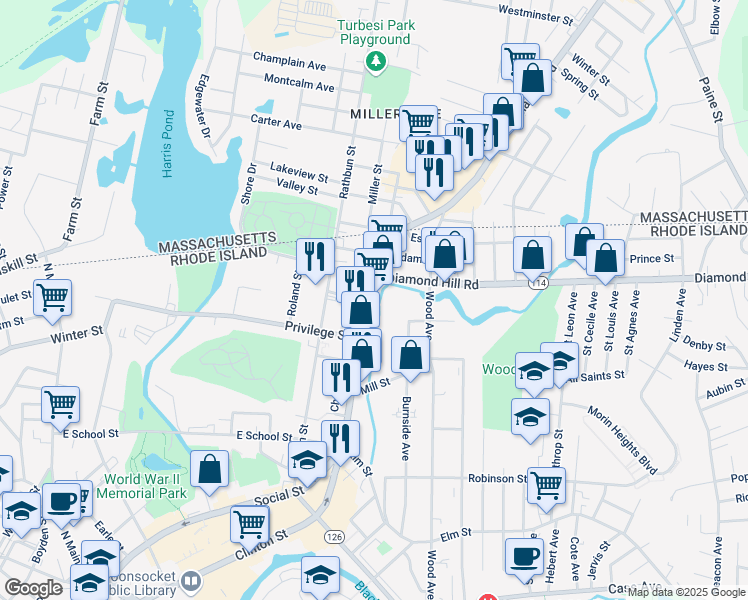 map of restaurants, bars, coffee shops, grocery stores, and more near 1047 Social Street in Woonsocket