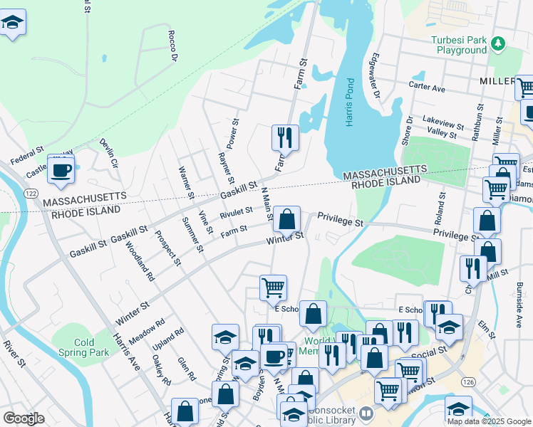 map of restaurants, bars, coffee shops, grocery stores, and more near 714 North Main Street in Woonsocket