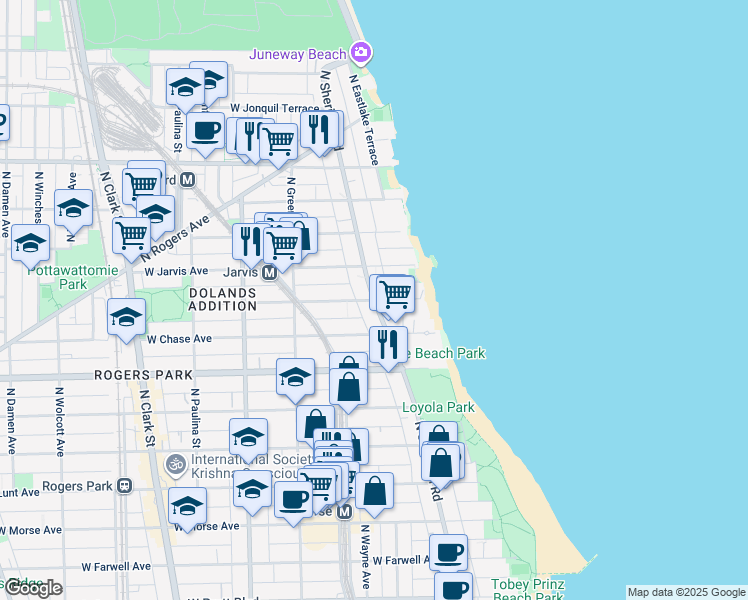map of restaurants, bars, coffee shops, grocery stores, and more near N Sheridan Rd & W Sherwin Ave in Chicago