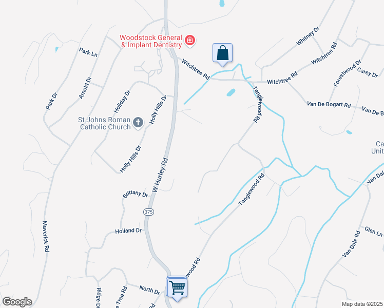map of restaurants, bars, coffee shops, grocery stores, and more near 173 West Hurley Road in Woodstock