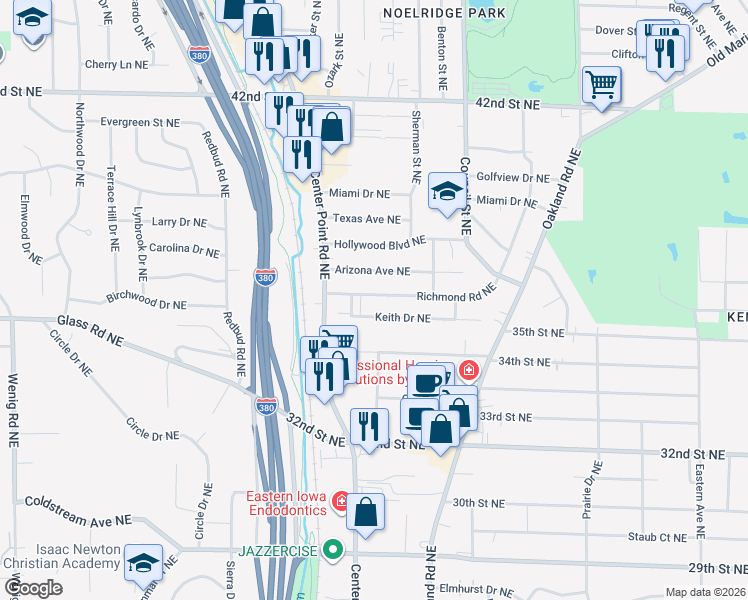 map of restaurants, bars, coffee shops, grocery stores, and more near 1701 Richmond Road Northeast in Cedar Rapids