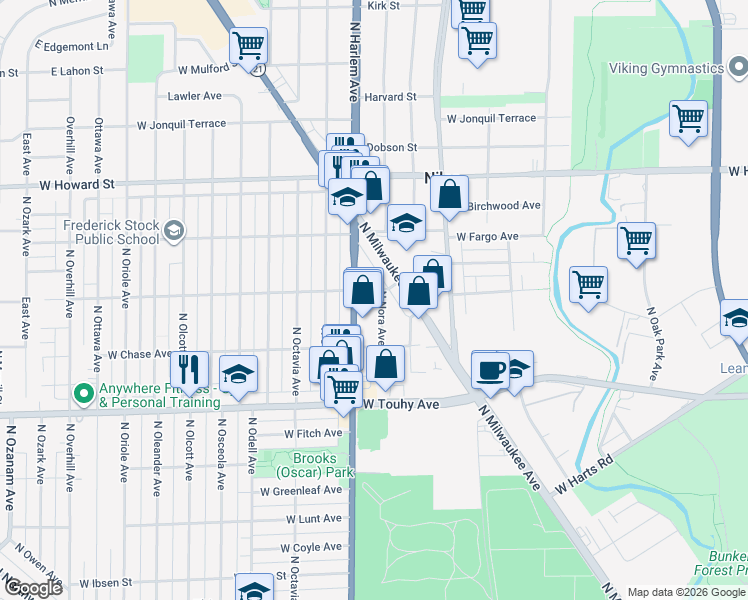map of restaurants, bars, coffee shops, grocery stores, and more near 7350 North Nora Avenue in Niles