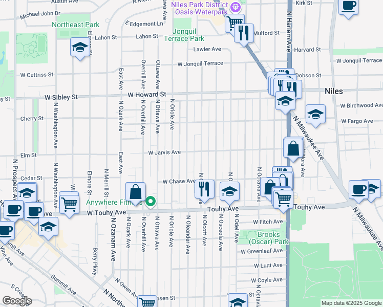 map of restaurants, bars, coffee shops, grocery stores, and more near 7359 North Oleander Avenue in Chicago