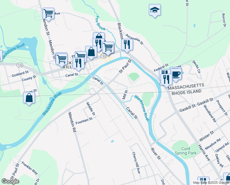 map of restaurants, bars, coffee shops, grocery stores, and more near 16 Canal Street in Blackstone