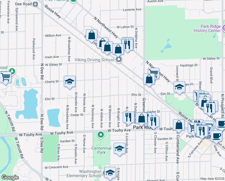 map of restaurants, bars, coffee shops, grocery stores, and more near 306 North Knight Avenue in Park Ridge