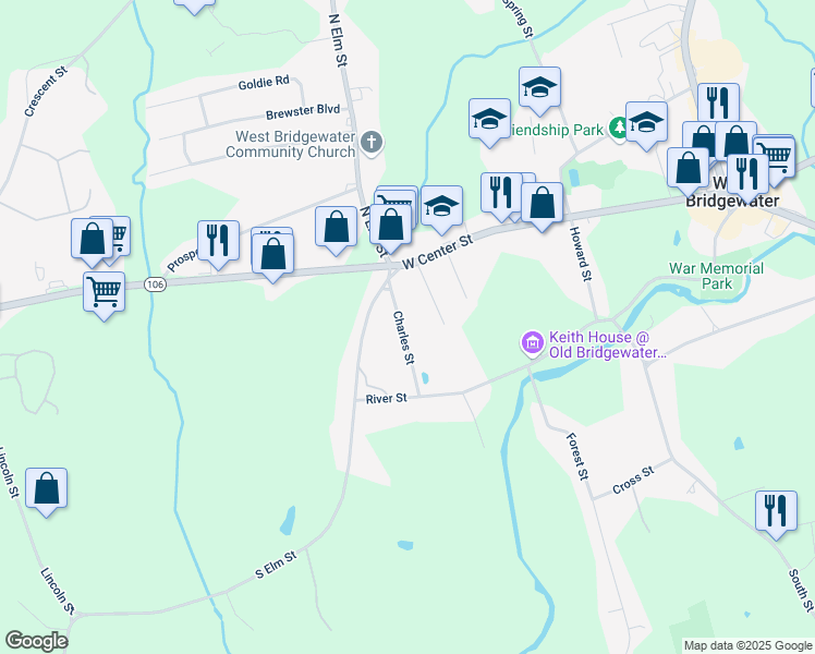 map of restaurants, bars, coffee shops, grocery stores, and more near 36 Charles Street in West Bridgewater