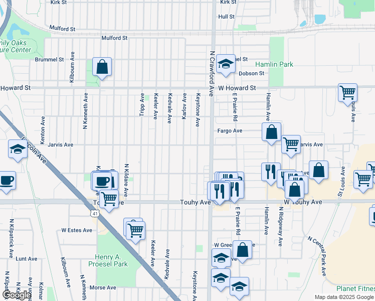 map of restaurants, bars, coffee shops, grocery stores, and more near 7347 North Karlov Avenue in Lincolnwood
