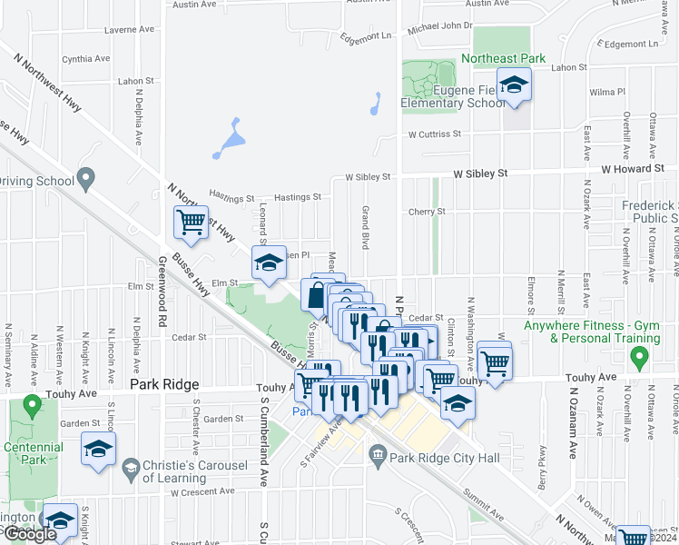 map of restaurants, bars, coffee shops, grocery stores, and more near 301 Meacham Avenue in Park Ridge