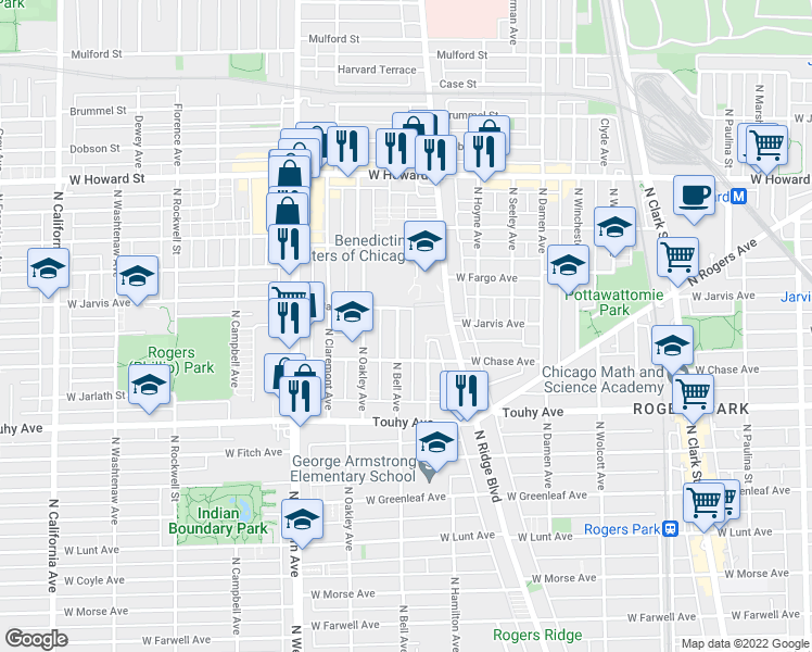 map of restaurants, bars, coffee shops, grocery stores, and more near 7333 North Bell Avenue in Chicago