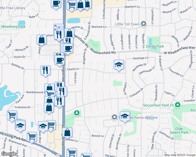 map of restaurants, bars, coffee shops, grocery stores, and more near 8071 South Applewood Court in Hanover Park