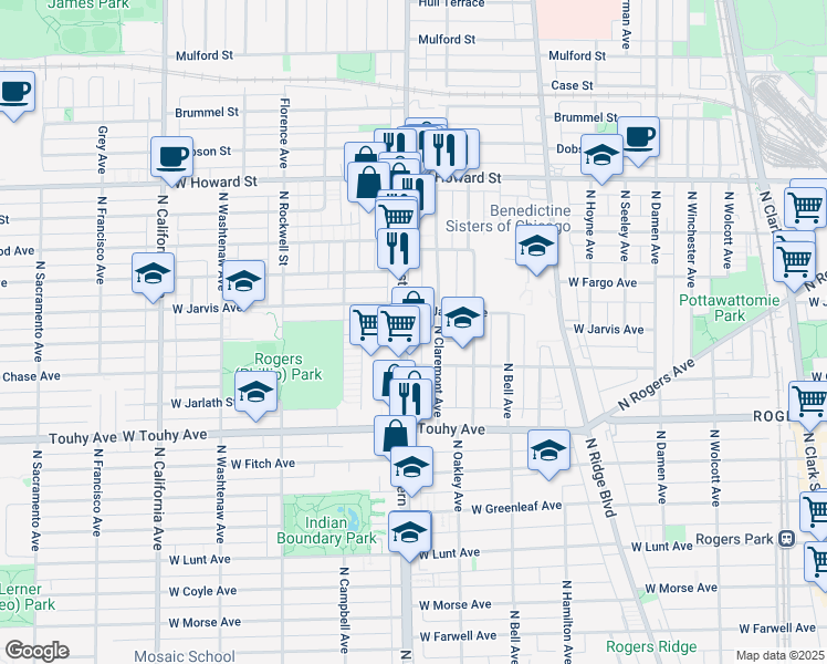 map of restaurants, bars, coffee shops, grocery stores, and more near 7337 North Western Avenue in Chicago