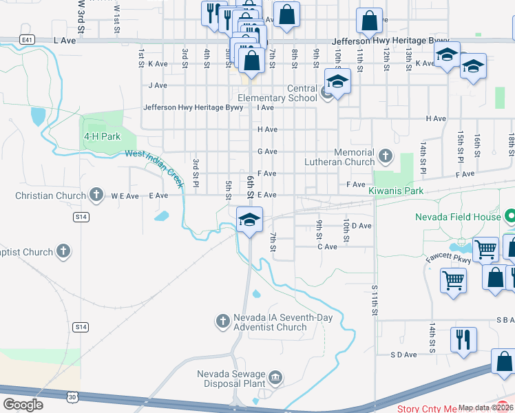 map of restaurants, bars, coffee shops, grocery stores, and more near 625 D Avenue in Nevada