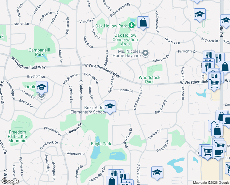 map of restaurants, bars, coffee shops, grocery stores, and more near 603 Janine Lane in Schaumburg