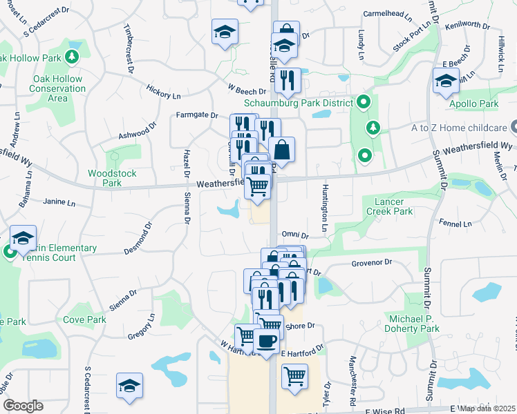 map of restaurants, bars, coffee shops, grocery stores, and more near 622 Waterford Road South in Schaumburg