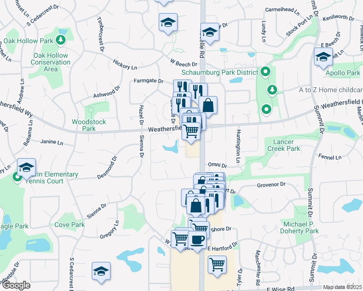 map of restaurants, bars, coffee shops, grocery stores, and more near 622 Waterford Road South in Schaumburg