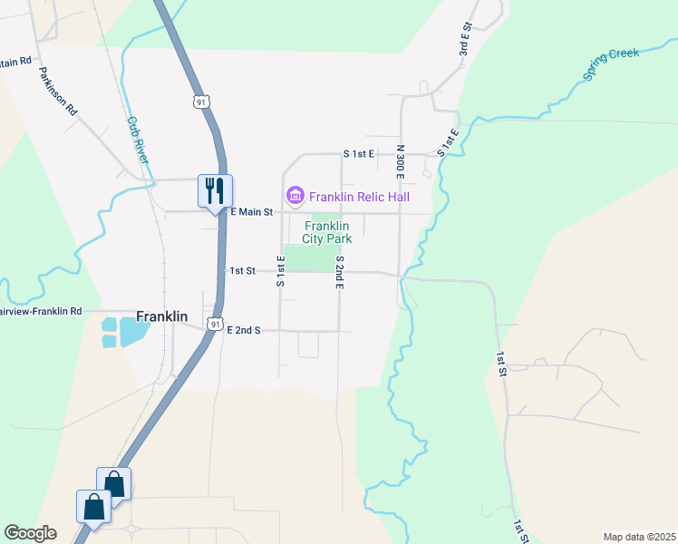 map of restaurants, bars, coffee shops, grocery stores, and more near 198 E 100 S in Franklin