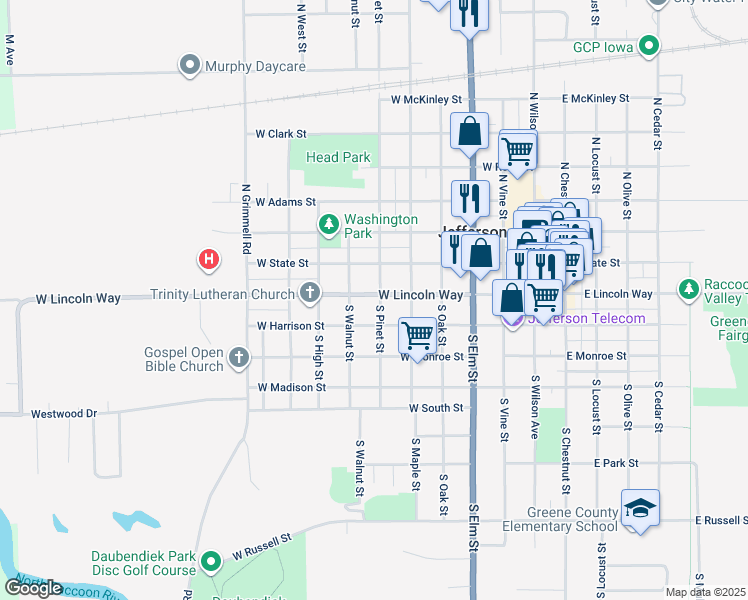 map of restaurants, bars, coffee shops, grocery stores, and more near 100 South Pinet Street in Jefferson